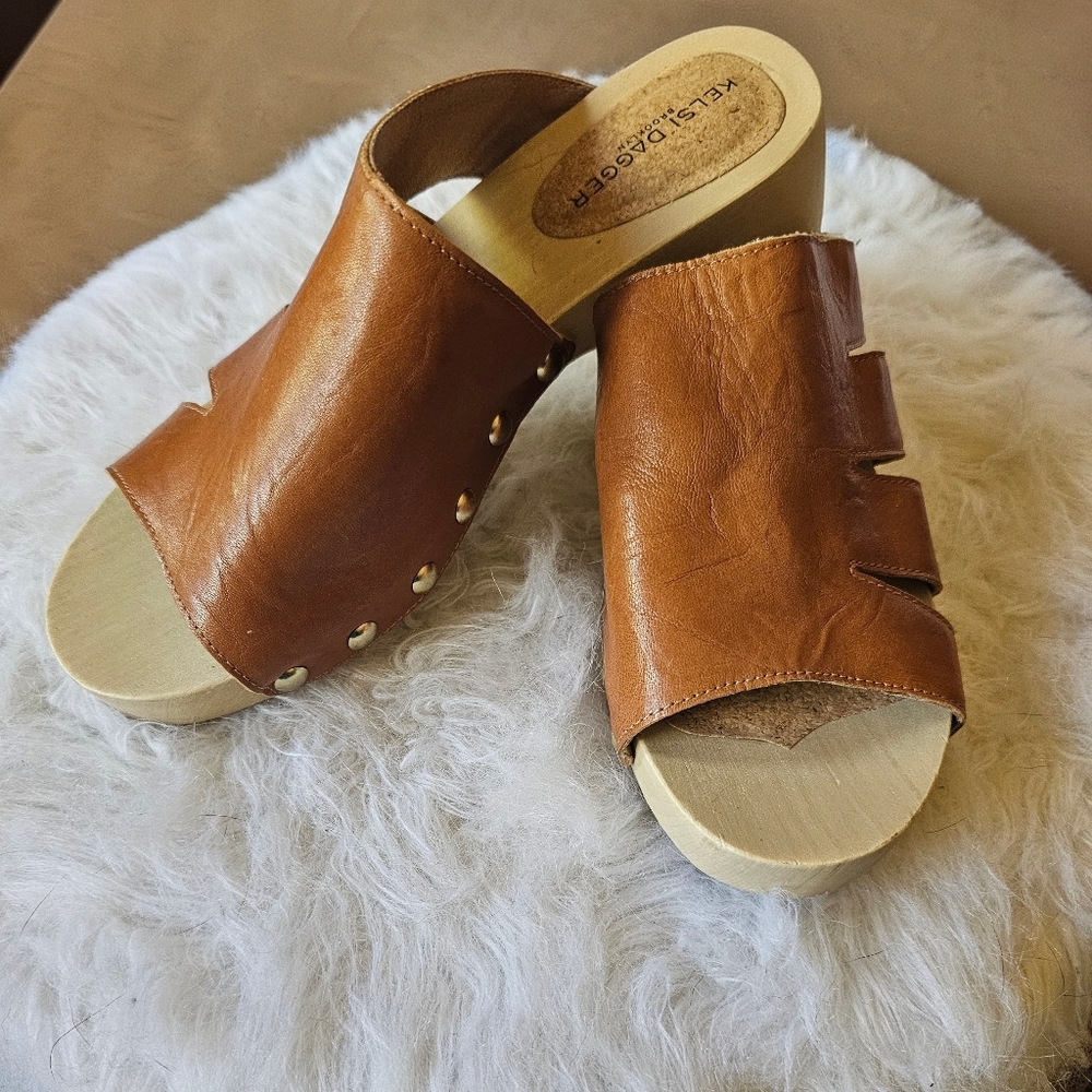Anthropologie     Kelsi Dagger Brooklyn Honey Leather Mules with Wooden Sole